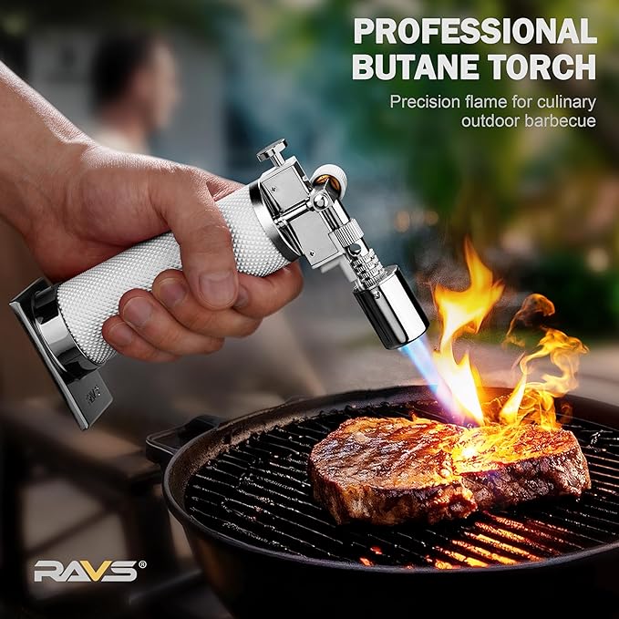 RAVS Butane Torch Lighter Refillable, White Kitchen Torch with Adjustable Flame, Premium Metal Creme Brulee Torch for Baking, Welding, Cooking Torch Butane Not Included