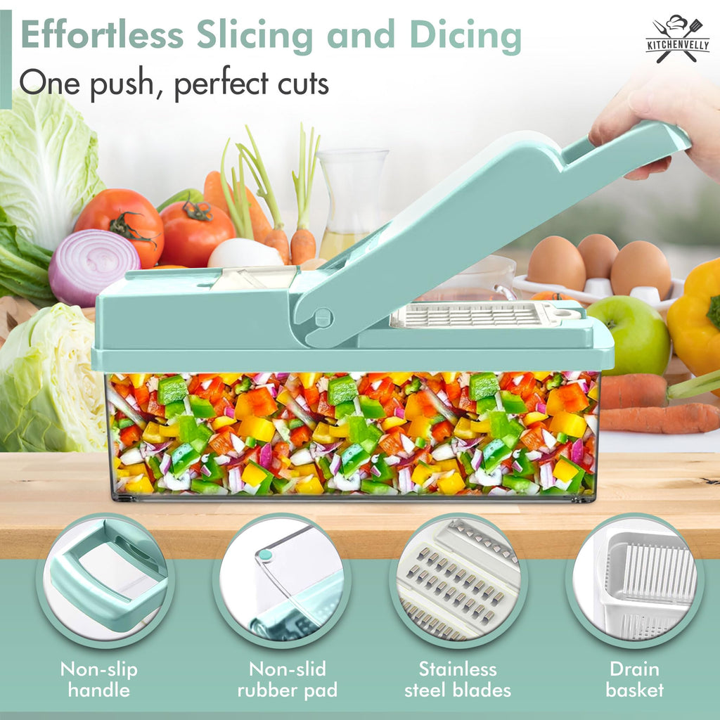 Kitchenvelly Vegetable Chopper 16 in 1 with Container, Veggie Chopper Food Chopper and Dicer, Onion Chopper Vegetable Cutter with 8 Stainless Steel Blades, Easy Meal Prep Kitchen Tool, Blue