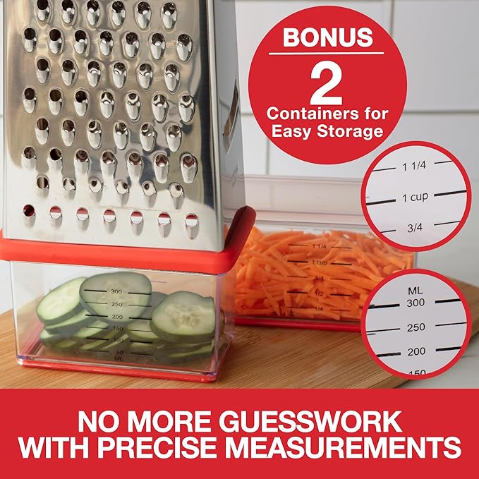 Stainless Steel 4 Sided Box Grater with 2 Storage Containers and Lids, Mess Free Cheese Shredder, Slicer and Vegetable Grater, Slip Resistant, Dishwasher Safe Kitchen Tool