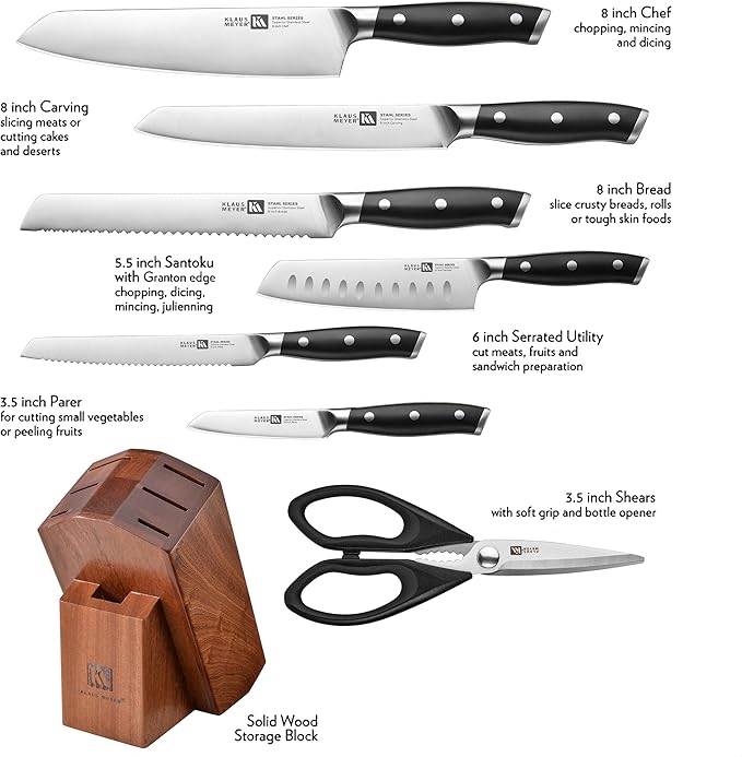 Klaus Meyer Stahl 8-Piece German Steel Kitchen Knife Block Set (Black)