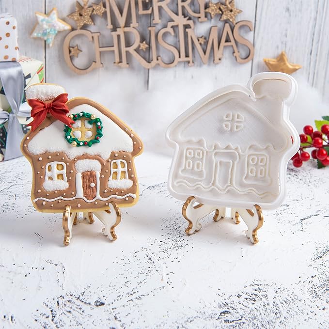 Flycalf Christmas Cookie Cutters House Shapes with Plunger Stamps Holiday PLA Baking Accessories Cutter Molds Gifts Decorative Party 3.5" Kitchen Cake Supplies