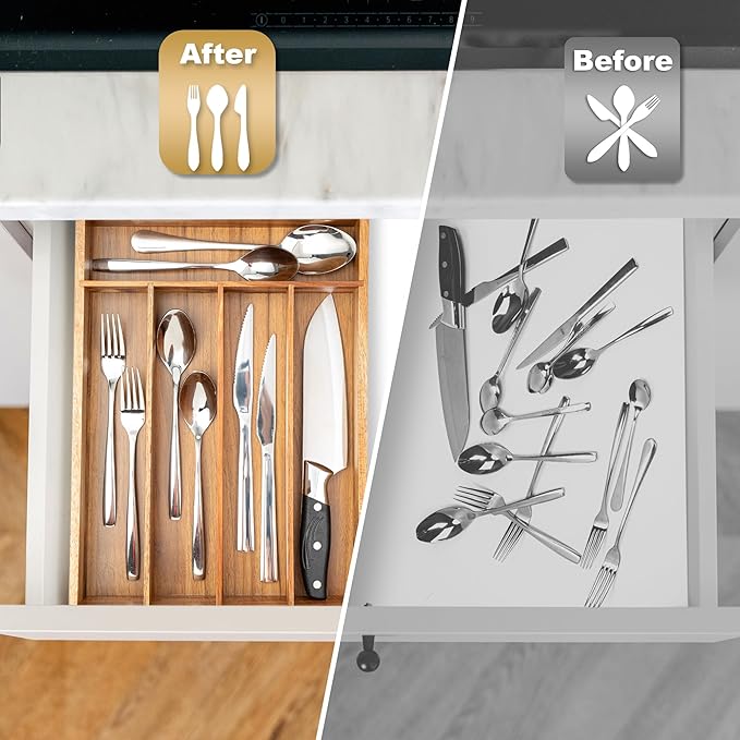 Besilord Silverware Organizer Kitchen Drawer Organizer Utensil Organizer Acacia Silverware Holder Cutlery Organizer in Drawer Flatware Organizer Tray(5 slots, Acacia