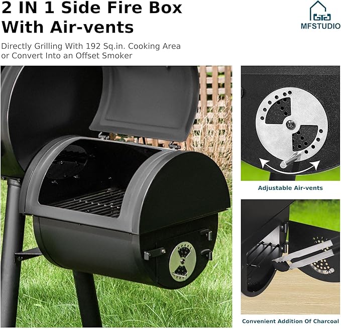 MFSTUDIO Barrel Charcoal Grill w/Offset Smoker w/ 512 SQ.IN. Cooking Area