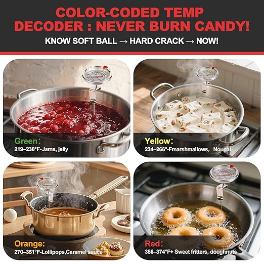 Telead Upgraded Candy Thermometer Waterproof IP67 - Oil Thermometer for Frying with Clips - 9" Side of Pot Rainbow dial Thermometer Deep Fry for Oil Candy Candle BBQ - Silver XL