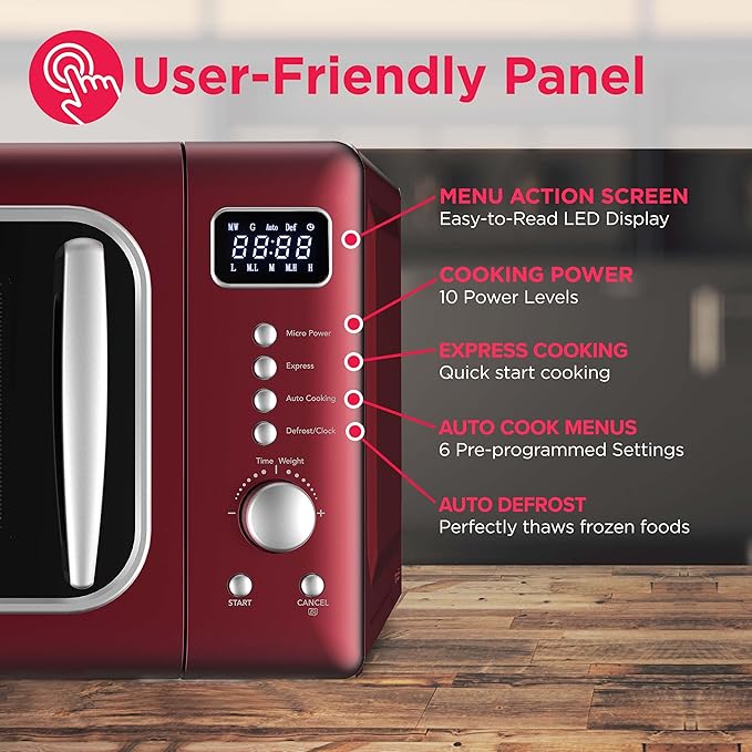 Frigidaire, 0.7 Cu. Ft. Retro Countertop Microwave Oven, 700W Compact Microwave with 8 Auto Cook Menus, Auto Defrost, 5 Power Levels, LED Display, Glass Turntable, Red-Silver