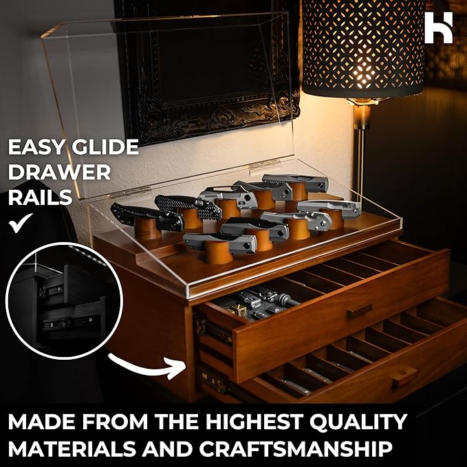 Holme & Hadfield 50 Knife Wooden Pocket Knife Display Case with 2 Drawers