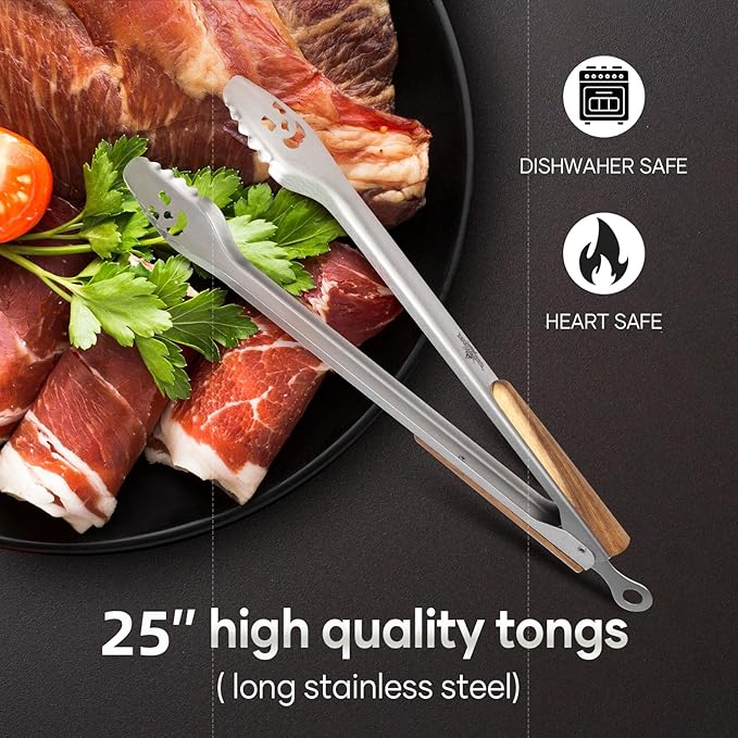 XUDAKAIXIN 25-Inch Very Long Stainless Steel BBQ Tongs with Extended Luxurious Acacia Handle – Durable and Easy-to-Clean Grilling Tool for Cooking, Kitchen Use, and Outdoor Barbecues