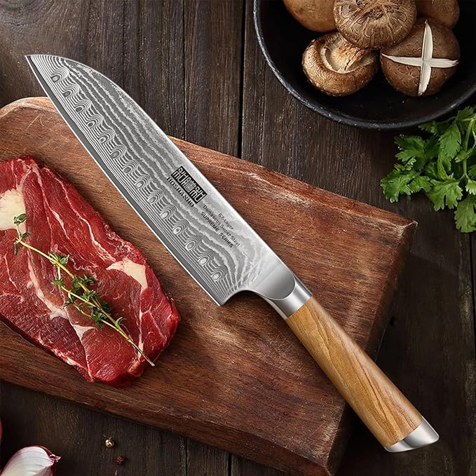 HOSHANHO Damascus Santoku Knife 7", Sharp Chef Knife, Ergonomic Wood Handle