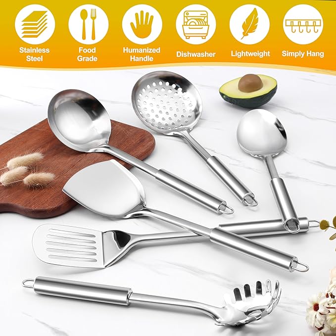 E-far Stainless Steel Kitchen Utensil Set of 6, Metal Cooking Utensils