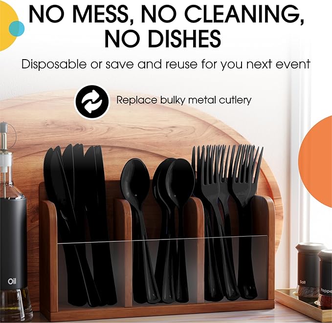 Party Solids Black Plastic Silverware Heavy Duty 300 Pieces Black Disposable Silverware Heavy Duty, Utensil Sets, 100 Of Each Forks, Knives & Spoons Disposable Cutlery Set For Party Supplies