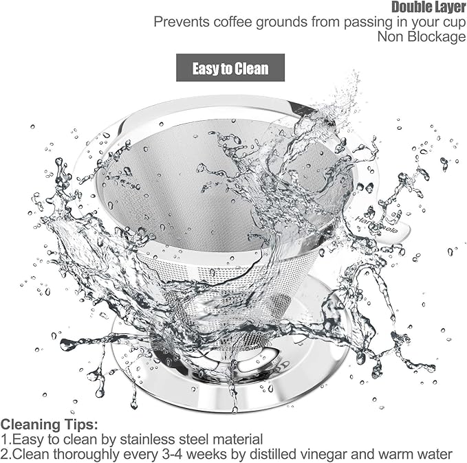 Hanlomele Pour Over Coffee Dripper, Paperless Reusable Coffee Filter, Pour Over Coffee Maker for Single Cup Brew, Double Mesh Design of Stainless Steel Cone Filter for Perfect Extraction (1-2 Cup)