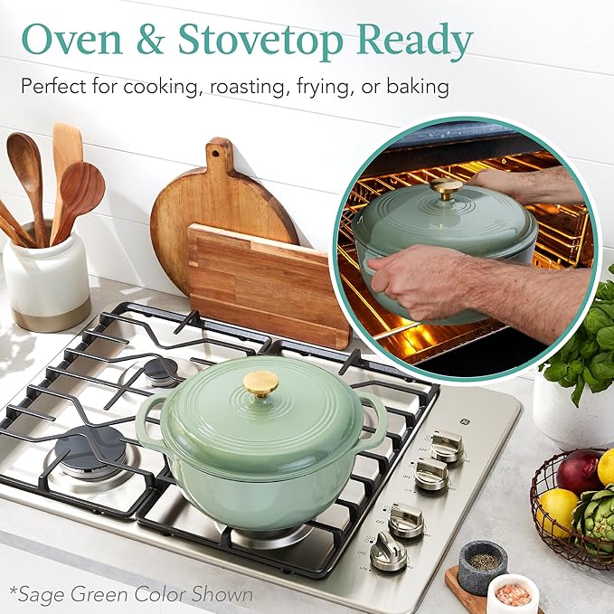 Best Choice Products 6 Quart Enamel Cast-Iron Round Dutch Oven, Family Style Heavy-Duty Pre-Seasoned Cookware for Home, Kitchen, Dining Room, Oven Safe w/Lid, Dual Handles - Mushroom Beige