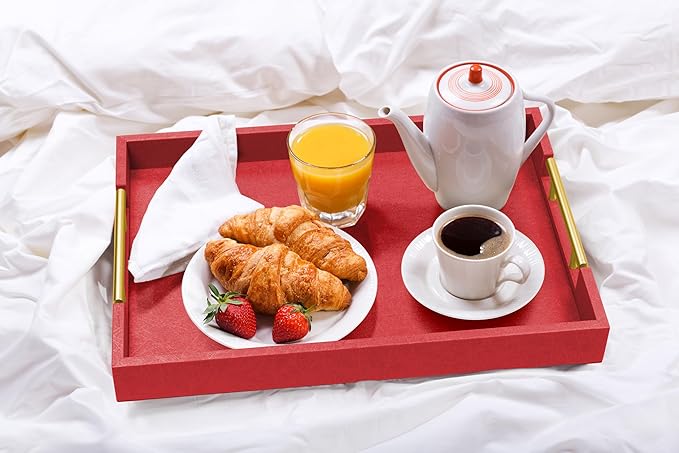 ATZYmolin 17"x12" Leather Serving Tray, Gold Handle Vanity Platter, Red