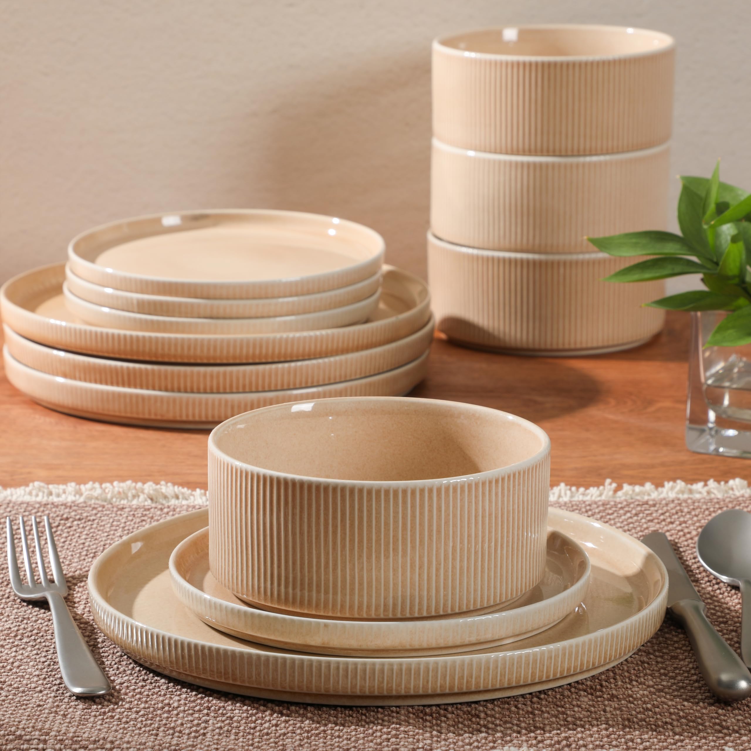 Gibson Elite Solana Coast 12 Piece Stoneware Reactive Glaze (Service for 4) Ceramic Plates and Bowls Modern Shape Embossed Dinnerware Set - Terracotta Orange