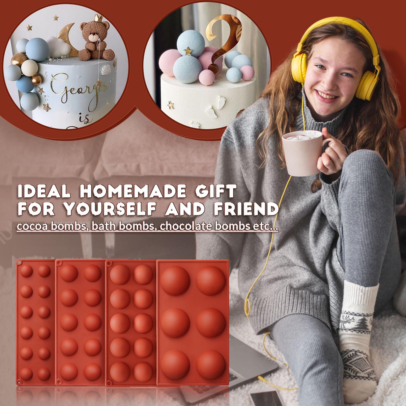 HKNMTT Hemisphere Silicone Molds 4 Size Set for Hot Cocoa Chocolate Bombs Valentines Semi Ball Making Kit Cake Decor Mould, Food Grade Non-stick Kitchen Baking Supplies Oven Safe
