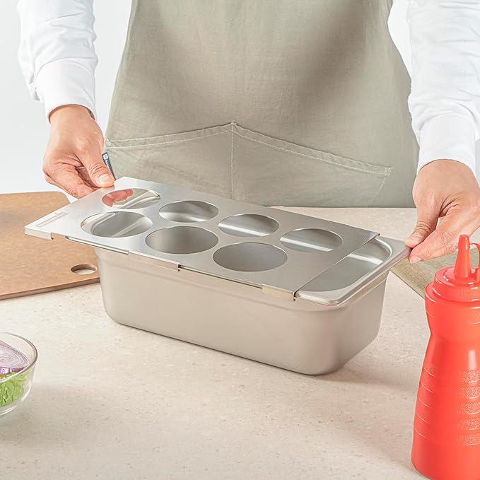 Restaurantware Squeeze Bottle Holder - 1 Count 12.795 x 7.087 x 0.394 Inches Stainless Steel Condiment Organizer - Durable Seven-Hole Pan Top Holder - Silver