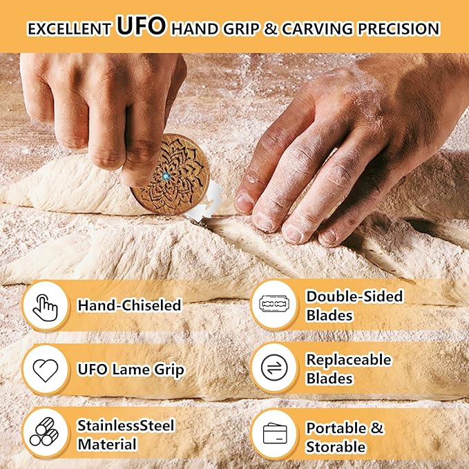 Upgraded 3D Carved UFO Bread Lame for Sourdough, Wooden Sourdough Scoring Tool with Recessed Mandala Pattern, PU Storage Case, 5 Replaceable Blades & Finger Protectors, Bread Scorer for Homemade Bread