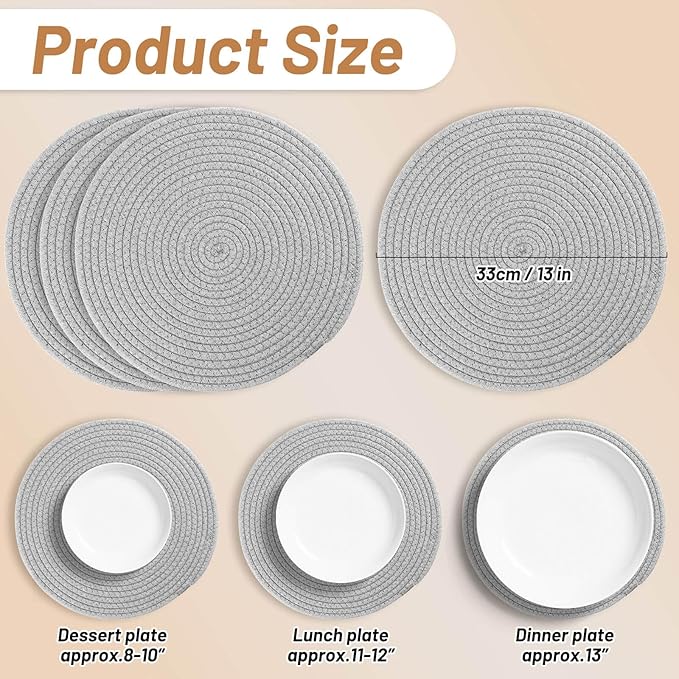 Billbotk Round Woven Placemats Set of 4, 13 Inches Table Place Mats for Dining Table, Hot Pads for Kitchen, Trivets for Hot Dishes, Pots and Pans,Tabletop Accessories(LightGray)