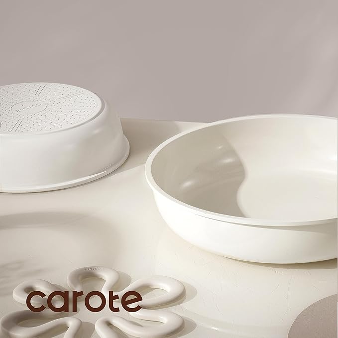 CAROTE 18Pcs Ceramic Cookware Set with Detachable Handle, Pots and Pans Set Non Stick, Non Toxic Kitchen Cooking Sets with Stand-Up Lid, PFAS and PFOA Free, Oven Safe, Induction Ready, Cream White