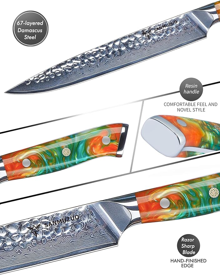 SANMUZUO 9 Inch Carving Knife, Slicing Knife - Hammered Damascus Steel & Resin Handle - Yao Series