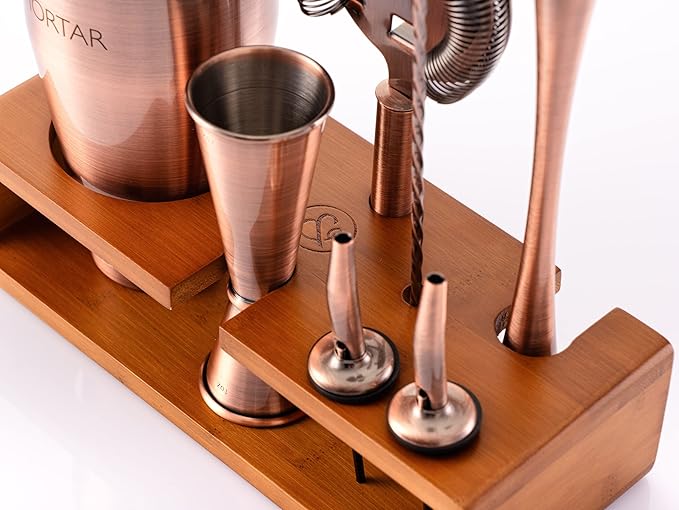 Mint & Mortar Cocktail Shaker Set – 7-Piece Stainless Steel Bartender Kit with Premium Bamboo Stand for Home Bartending - All-in-One Mixology Set for Beginners & Pros (Brushed Copper)
