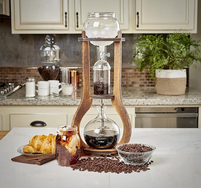 Nispira Iced Coffee Cold Brew Drip Tower Coffee Maker, 6–8 Cup Manual Cold Brew Brewer with Adjustable Valve, Wooden Frame & Glassware, Slow Cold Extraction System