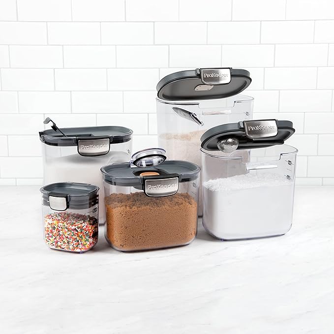 ProKeeper+ Airtight Food Storage Container Set – Clear Plastic Flour and Sugar Canister Set with Magnetic Accessories for Kitchen Organization (Grey, 9-Piece)