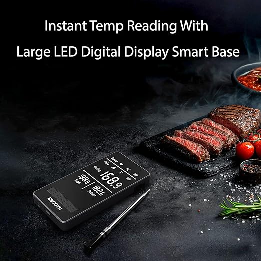 Smart WiFi Wireless Meat Thermometer Unlimited Range 7 NIST Cert.Sensors Accuracy ±0.5°F Sub-1G (10X Stronger Than Bluetooth) APP&Digital Base,Monitor for BBQ, Grill,Oven, Smoker(1, Black, Small)