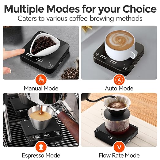 carrottimes Rechargeable Mini Coffee Scale with Timer, 2kg/0.1g Precision Espresso Scale, Portable Digital Coffee Scale w/ 4 Modes for Espresso and Pour-Over Coffee (Black)
