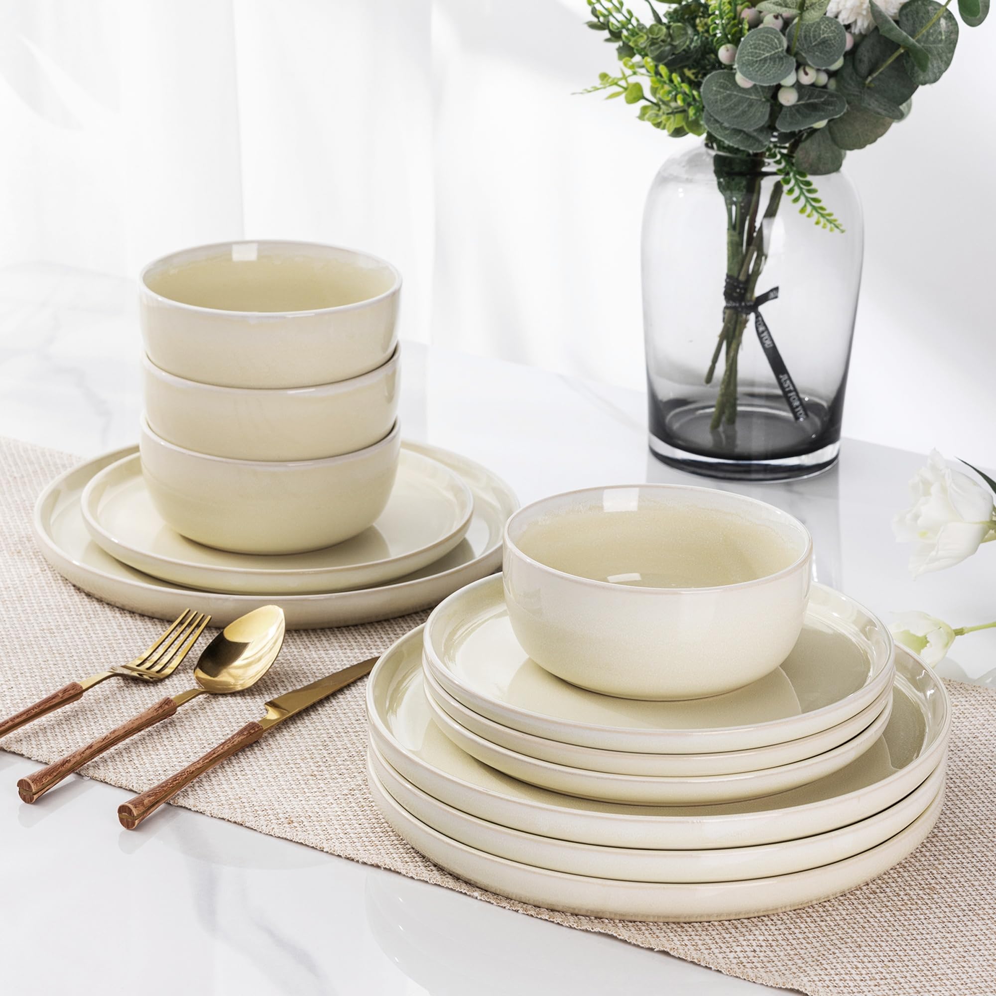 AmorArc Stoneware Dinnerware Sets for 4, 12Pcs Plates and Bowls Sets Dishes