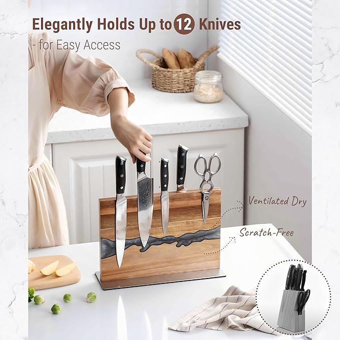 Magnetic Knife Block for Countertop, Strong Magnetic Knife Holder Stand, Acacia Wood & Epoxy Resin Organizer for Kitchen Knives, Gift for Cooks