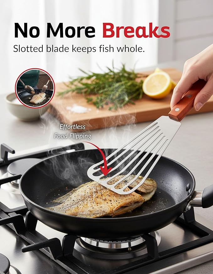 Fish Spatula with Natural Wood Handle - 420 Stainless Steel Slotted Fish Turner for Frying, Grilling & Flipping - Professional 11-Inch Burger Turner, Steak & Pancake Spatula