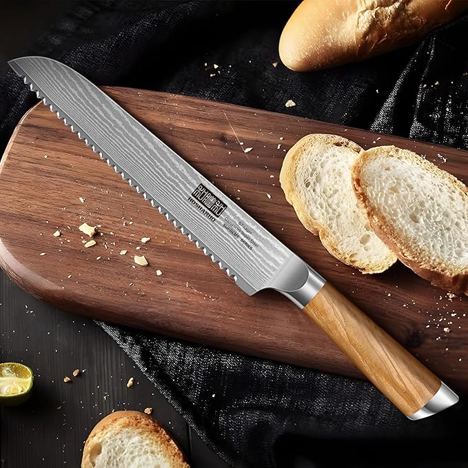 HOSHANHO Damascus Bread Knife 8", Sharp Serrated for Homemade Sourdough