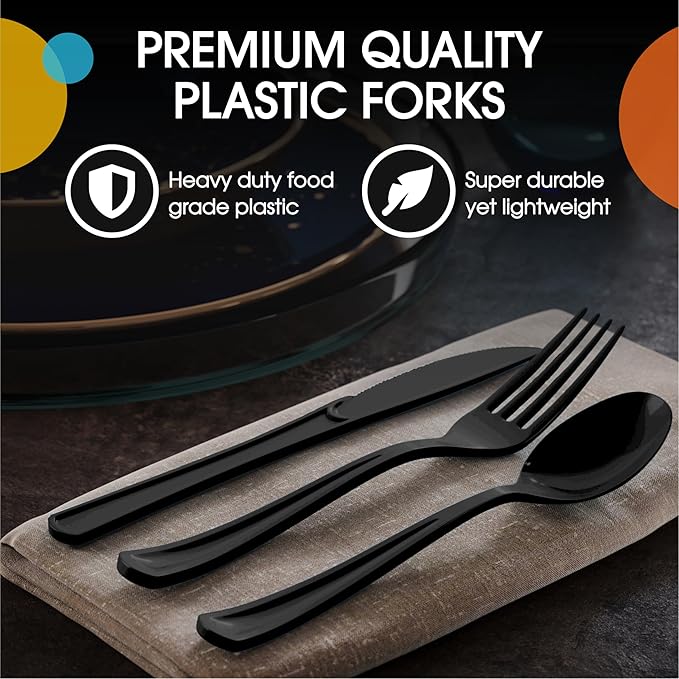 Party Solids Black Plastic Silverware Heavy Duty 300 Pieces Black Disposable Silverware Heavy Duty, Utensil Sets, 100 Of Each Forks, Knives & Spoons Disposable Cutlery Set For Party Supplies
