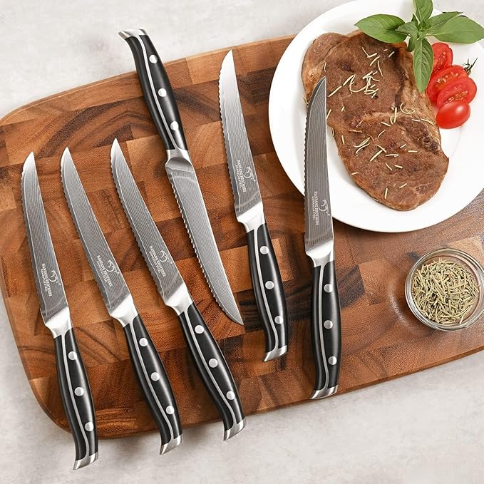 16-Piece Damascus Knife Set with Block, VG10 67-Layer Damascus Steel Kitchen Knife Set with Triple-Rivet Handles, 6 Steak Knives, Meat Fork, Sharpener & Scissors, Natural Wood