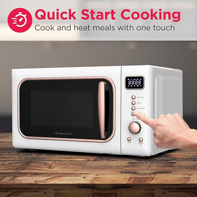 Frigidaire, 0.7 Cu. Ft. Retro Countertop Microwave Oven, 700W Compact Microwave with 8 Auto Cook Menus, Auto Defrost, 5 Power Levels, LED Display, Glass Turntable, White-RoseGold