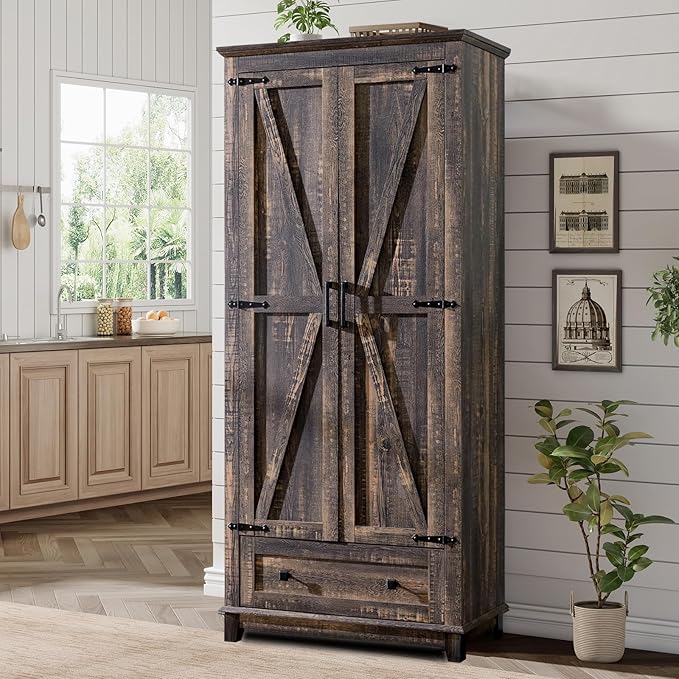 LUXOAK Farmhouse Kitchen Pantry Cabinet, 72" Tall Storage Cabinet with Adjustable Shelves & Barn Doors, Freestanding Kitchen Cupboard for Dining Room, Living Room, Dark Rustic Oak