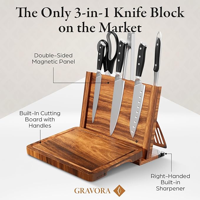 3 in 1 Magnetic Knife Block Stand, 14"x10" Cutting Board, Knife Sharpener - Wooden Magnetic Knife Holder - Acacia Display Holder Double Sided Storage Rack Magnets for Knives - No Assembly Required