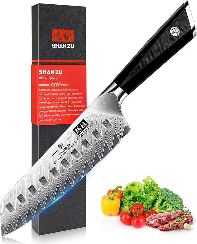 SHAN ZU Damascus Chef Knife Santoku Knife 7 Inch