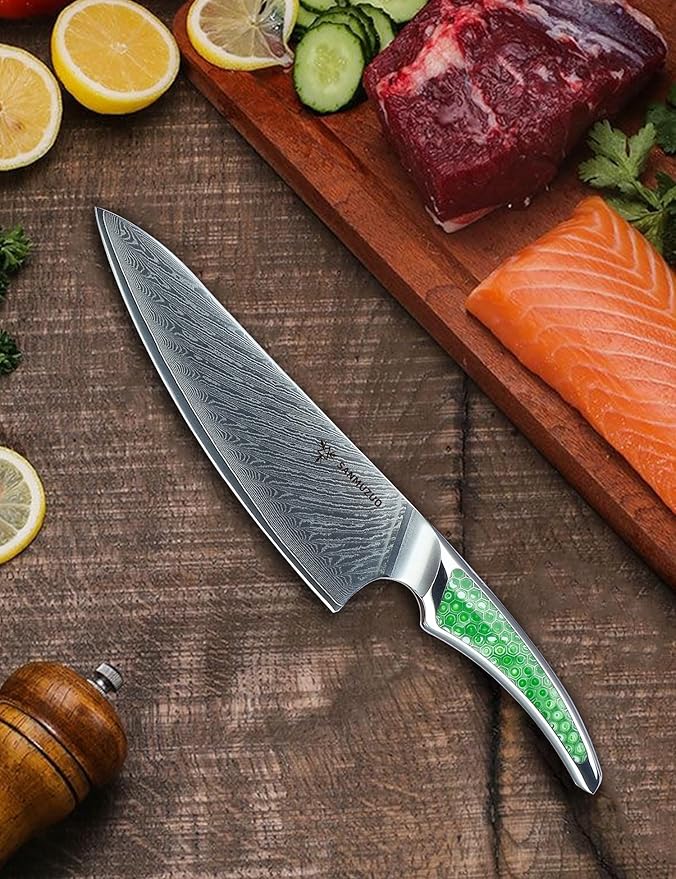 SANMUZUO 8 inch Chef Knife, Japanese VG-10 Damascus Steel Kitchen Knife, Ultra Sharp Cooking Knife with Full-tang Handle in Green Resin, LA-S9 Series