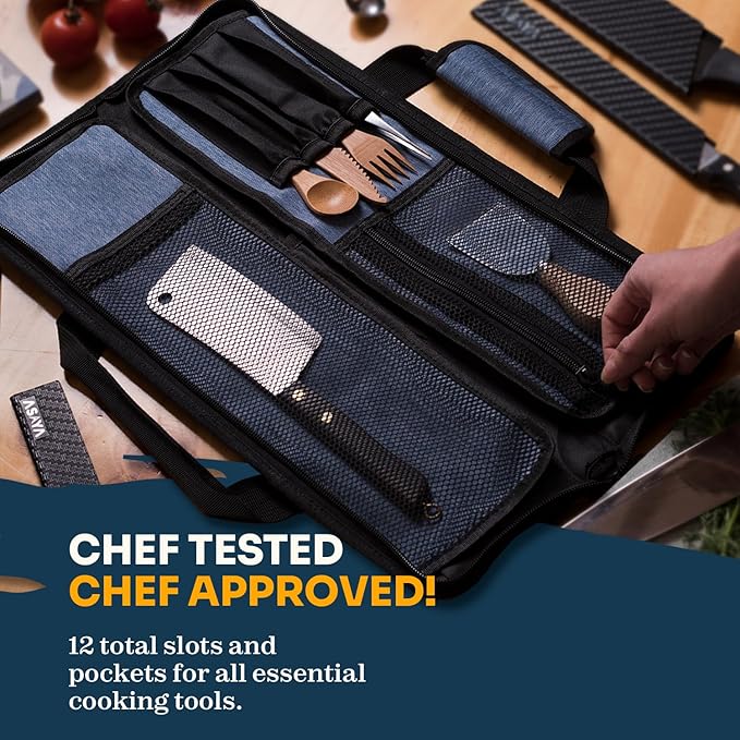 Asaya Chef Knife Roll Bag - 12-Pocket Chefs Case for Kitchen Knives and Utensils, Lightweight Stain-Resistant Waxed Nylon Chef Knife Bag - Knives Not Included (Blue)