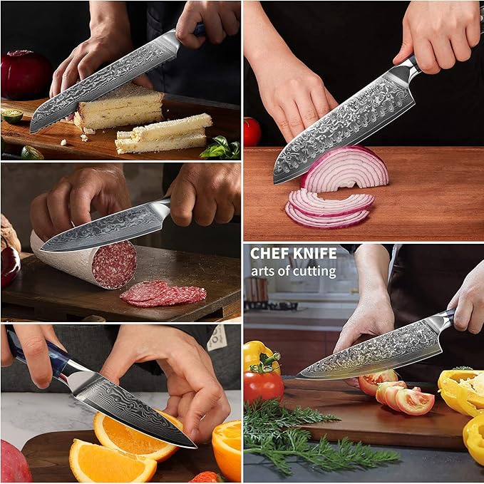 SANMUZUO Chef Cooking Knives Set- Kitchen Knife Set of 5 Piece - Ultra-Sharp VG10 Damascus Steel & Resin Handle - Xuan Series (Sapphire Blue)