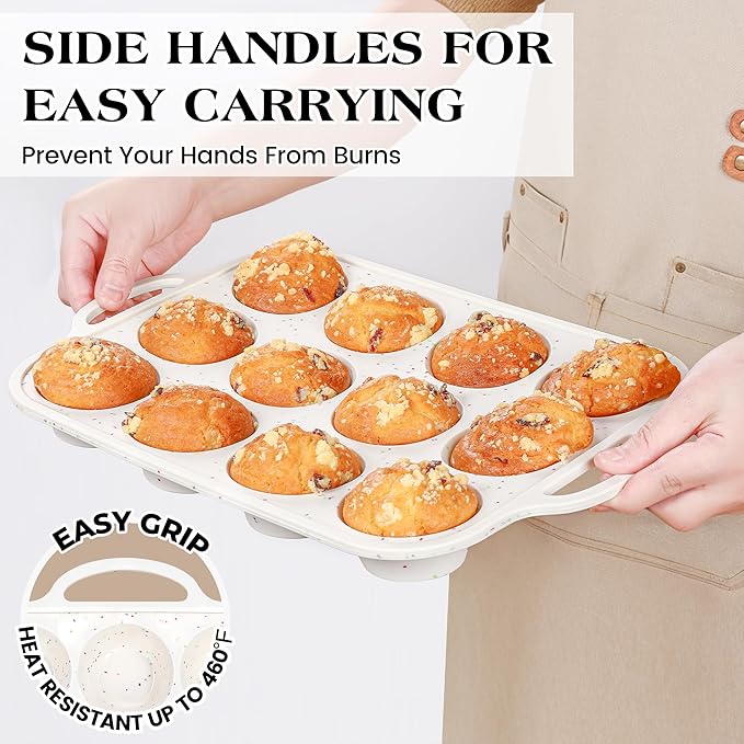 AOTASO Silicone Muffin Pan with Metal Frame, Nonstick 12 Cup Regular Size Cupcake Pan, Silicone Muffin Tray for Baking Egg Bites Muffins Cupcakes Gifts for Mom Home Baker Kitchen (1 Pc, Cream)
