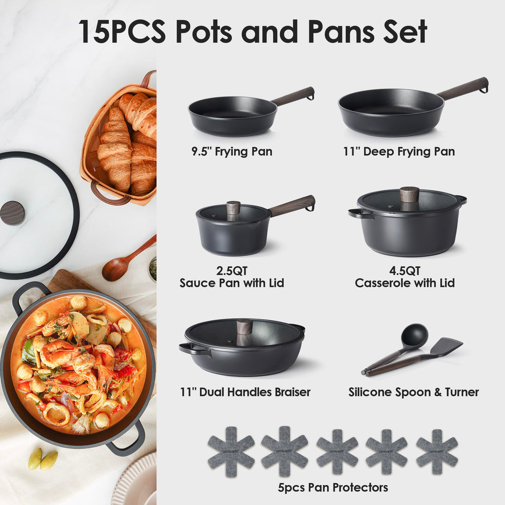 SENSARTE 15Pcs Nonstick Cookware Set Pots and Pans Set Kitchen Cooking Frying Pans with Stay-cool Handle, Dishwasher Safe, Induction Compatible, PFOA/PFOS Free, Black