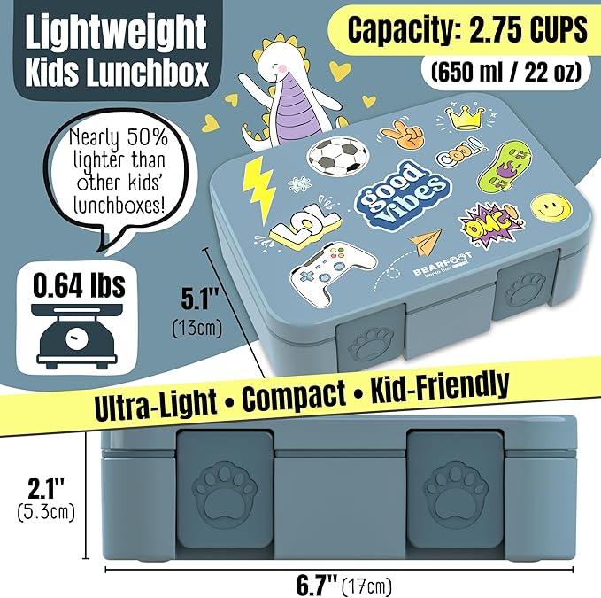 BEARFOOT Kids Lunch Box with Compartments – Compact & Lightweight | Leak-Proof, BPA-Free, Dishwasher Safe | Hand-Drawn Design for Preschool, School, Travel (Sticker Blue, 2.75 Cups)