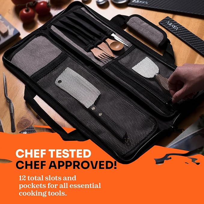 Asaya Chef Knife Roll Bag - 12-Pocket Chefs Case for Kitchen Knives and Utensils, Lightweight Stain-Resistant Waxed Nylon Chef Knife Bag - Knives Not Included (Grey)