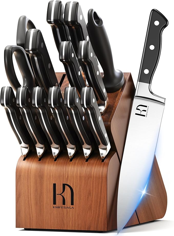 KnifeSaga 15-pc Japanese Kitchen Knife Block Set, Razor Sharp, Professional