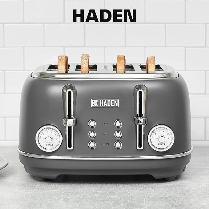 Haden Chelsea 4-Slice Wide Slot Stainless Steel Toaster with Adjustable Browning Control & Non-Slip Feet, Grey & Chrome