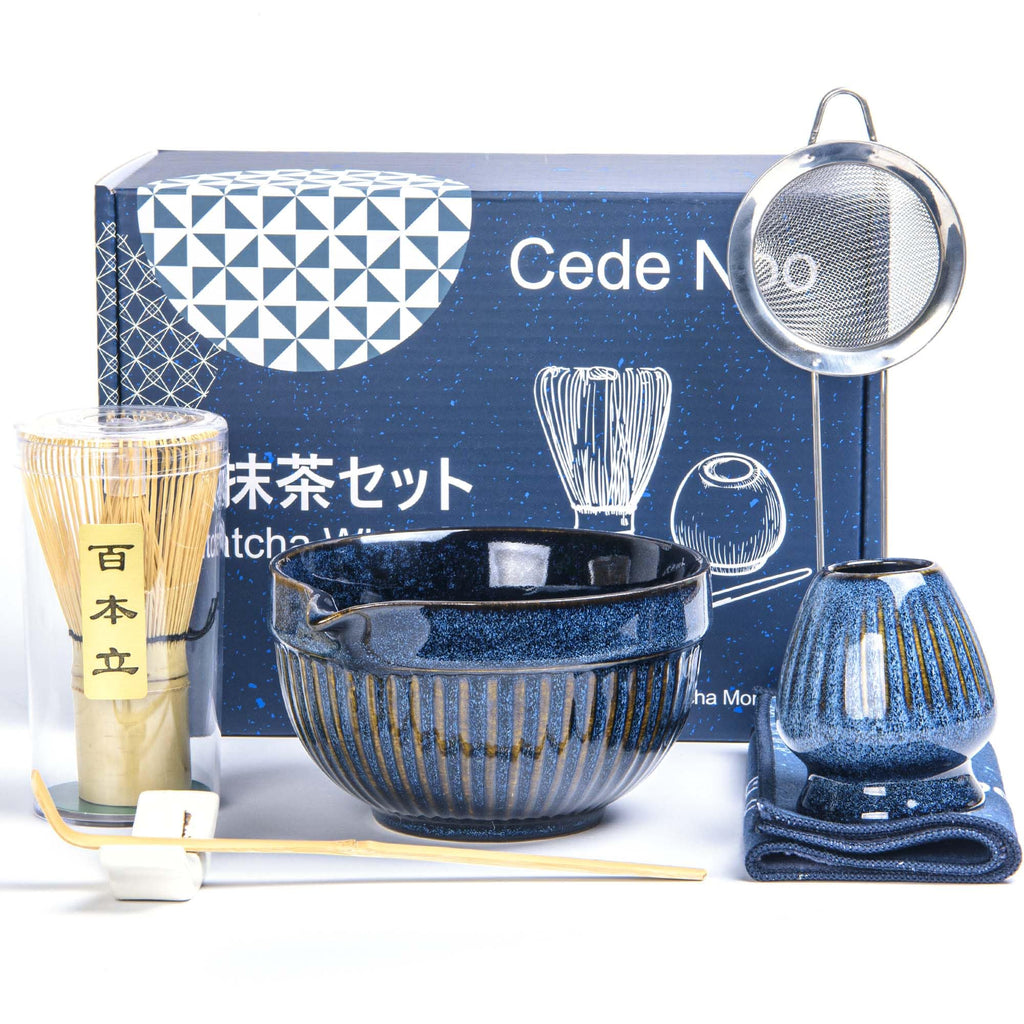 7pcs Matcha Whisk Set with 18oz Spout Bowl, Japanese Tea Ceremony Kit, Natural Bamboo Whisk Scoop, Ceramic Holder Sifter Towel, Best Gift for Beginners and Matcha Lovers