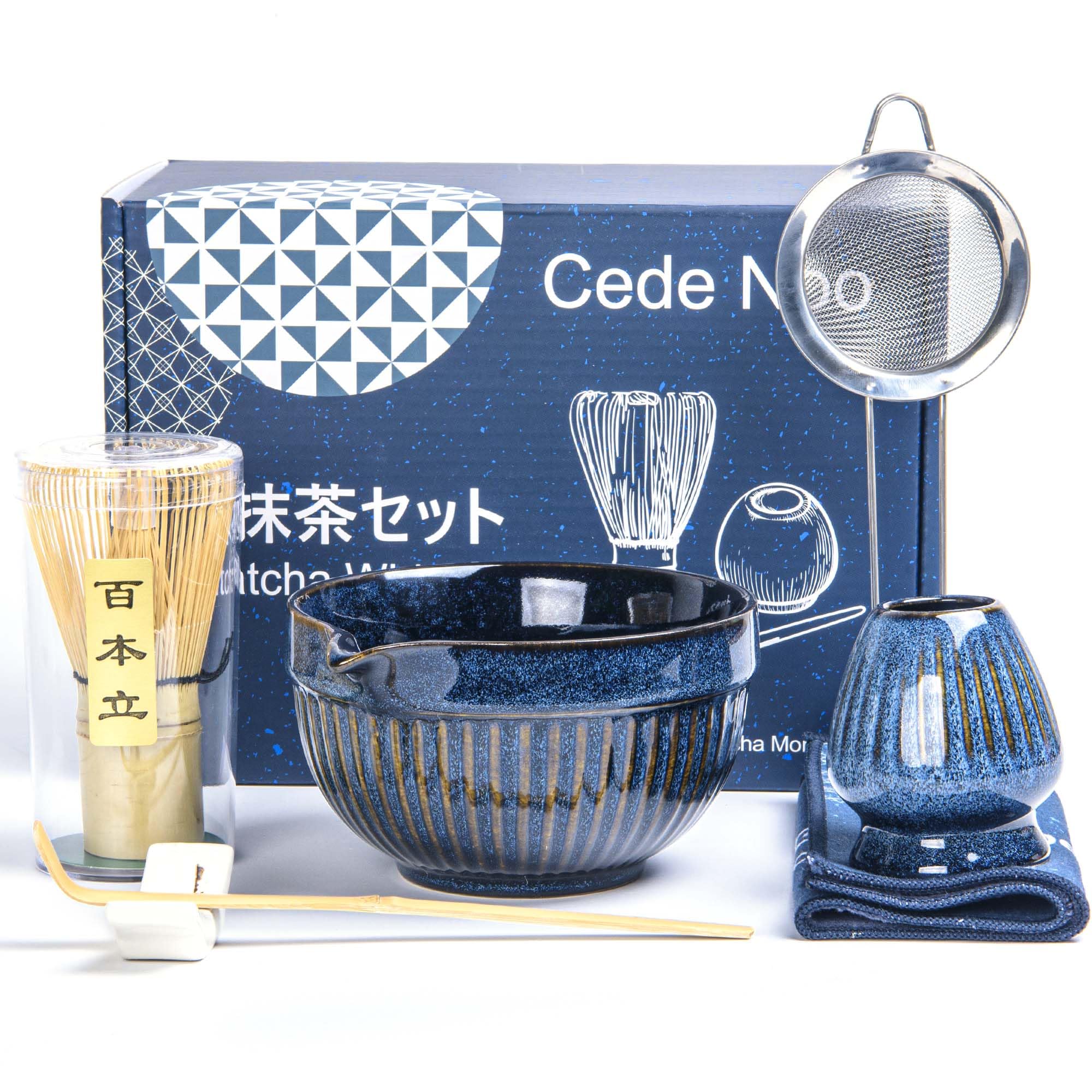 7pcs Matcha Whisk Set with 18oz Spout Bowl, Japanese Tea Ceremony Kit, Natural Bamboo Whisk Scoop, Ceramic Holder Sifter Towel, Best Gift for Beginners and Matcha Lovers